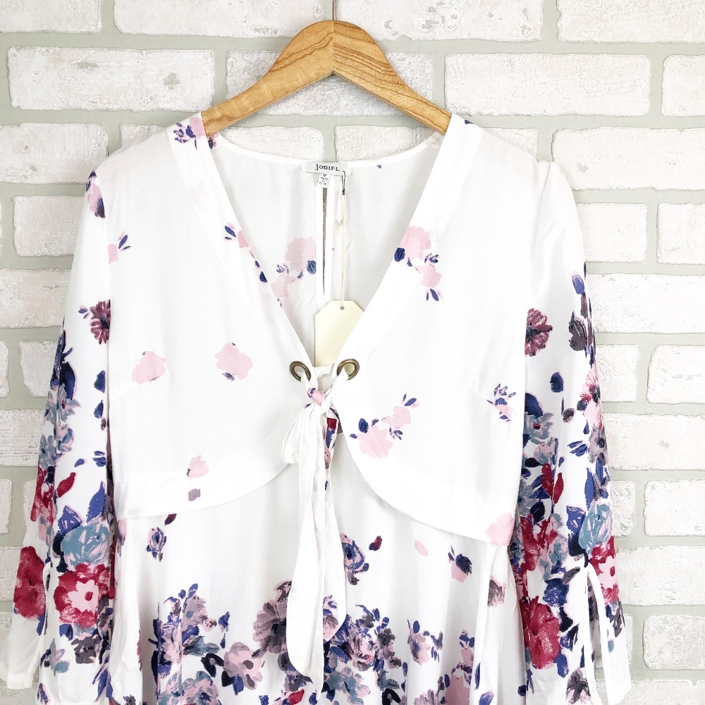 Jodifl Tunic Top White Floral Print Tie Neck SZ M
